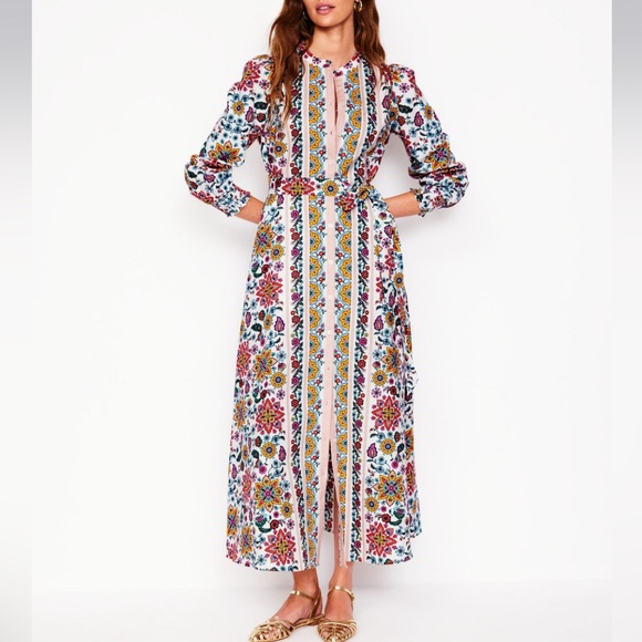 BODEN RUBY LINEN BLEND SHIRT DRESS IVORY/BOTANICAL SPRIG - 4P - Picture 2 of 7